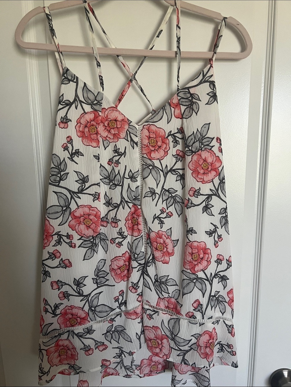 Doe & Rae White Floral Strappy Camisole with Pink Flowers